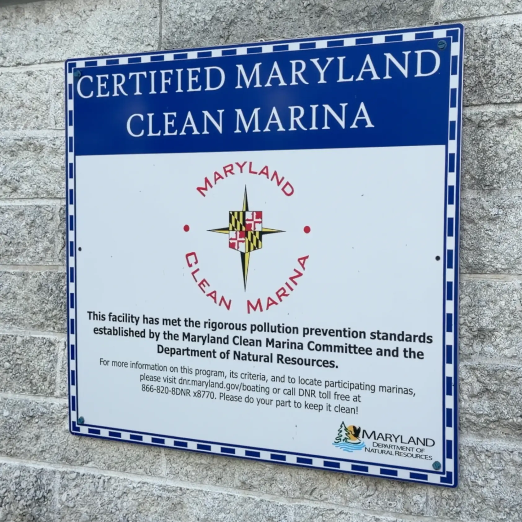Maryland Certified Clean Marina sign at Chesapeake Yacht Club