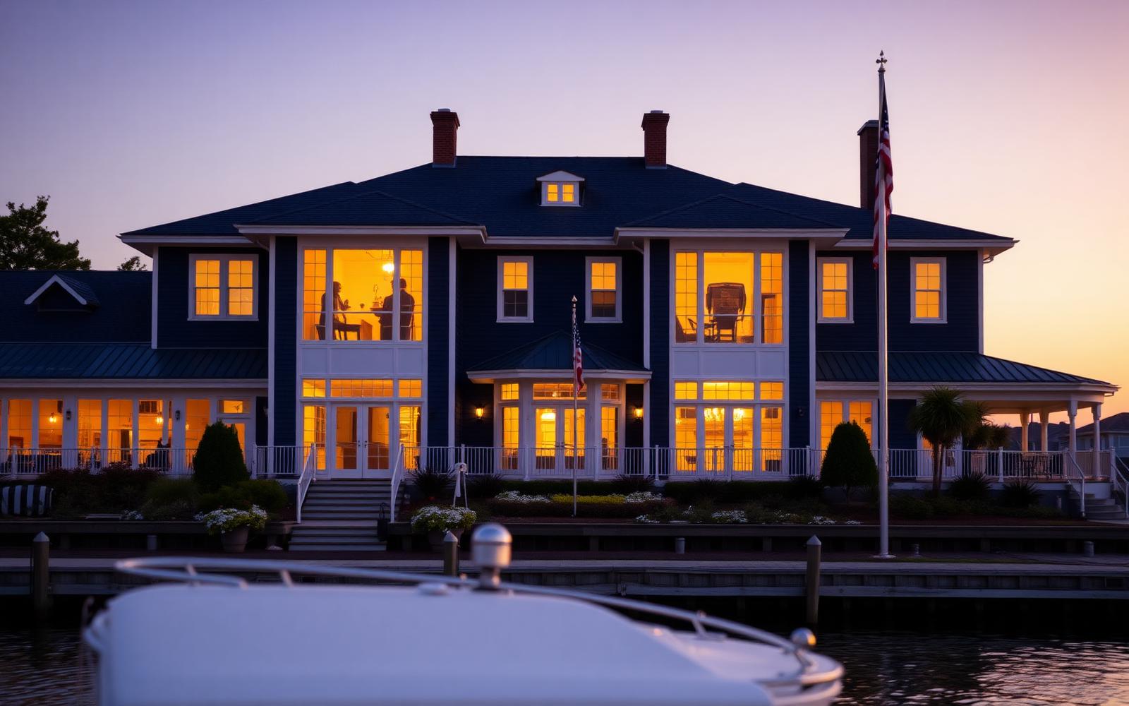 The Chesapeake Yacht Club clubhouse at dusk