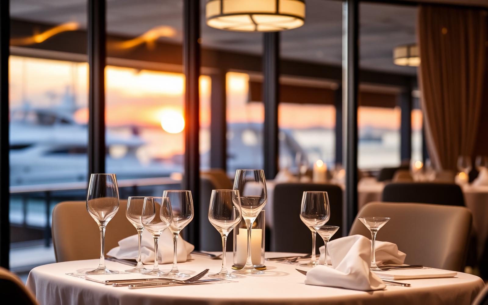 Fine dining table setting overlooking the marina at sunset