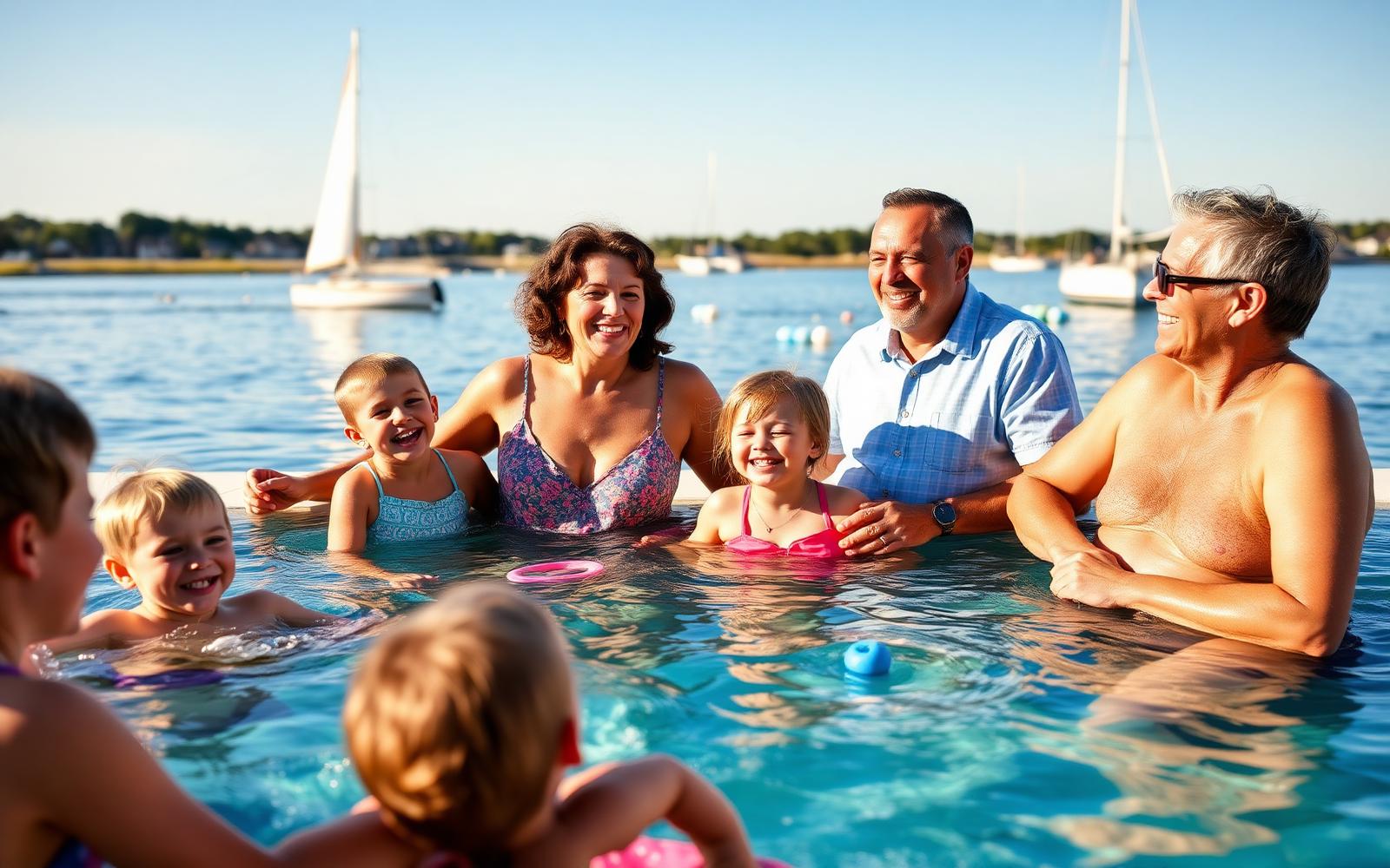 Multi-generational families gathered by the poolside